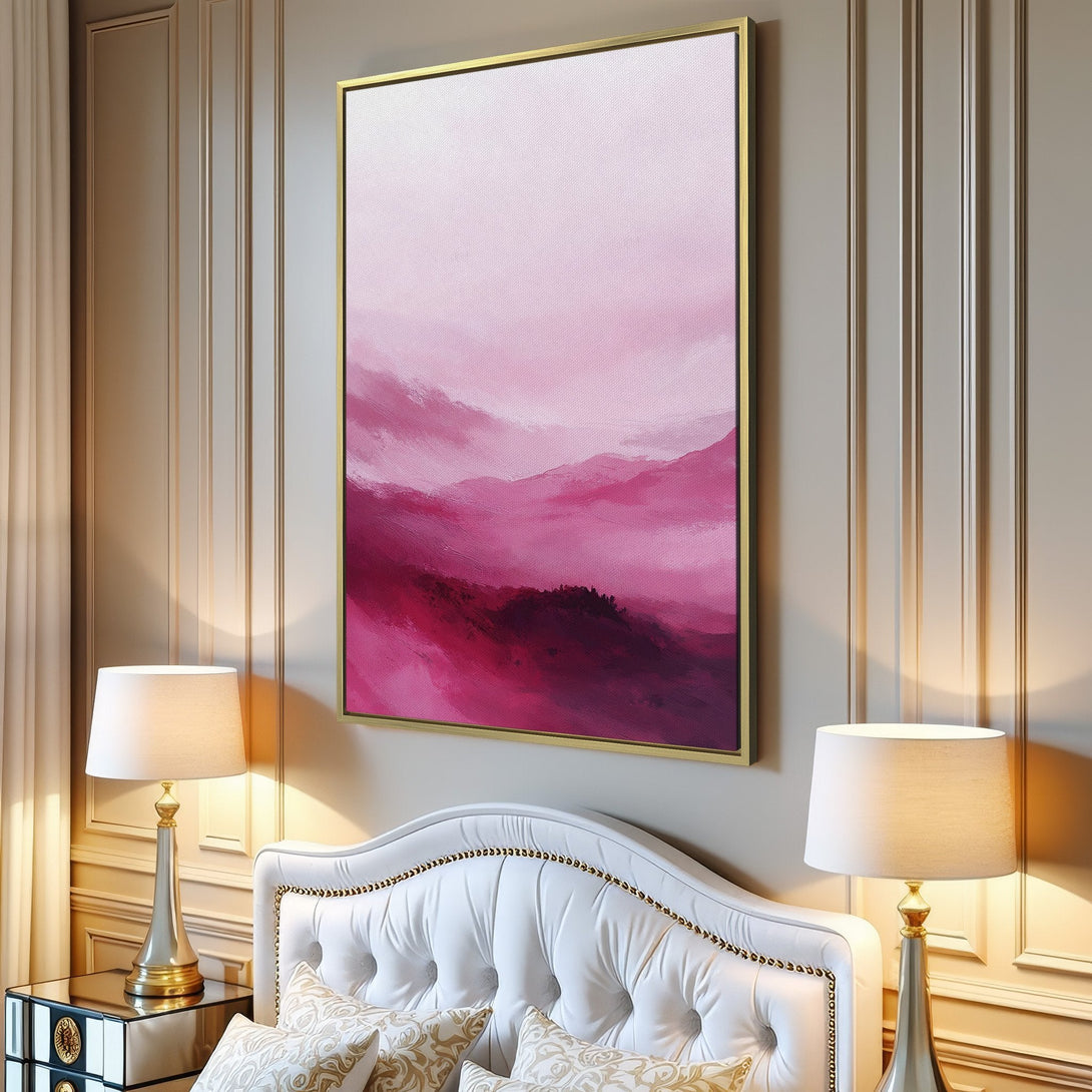 Canvas Print of abstract pink landscape art. Modern wall decor in a minimalist interior. Pink and magenta color palette.