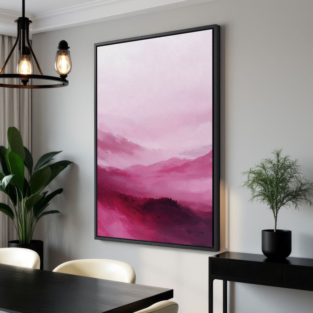 Framed Wall Art featuring an abstract landscape in shades of pink. Modern art Canvas Print adds a touch of elegance to any interior.