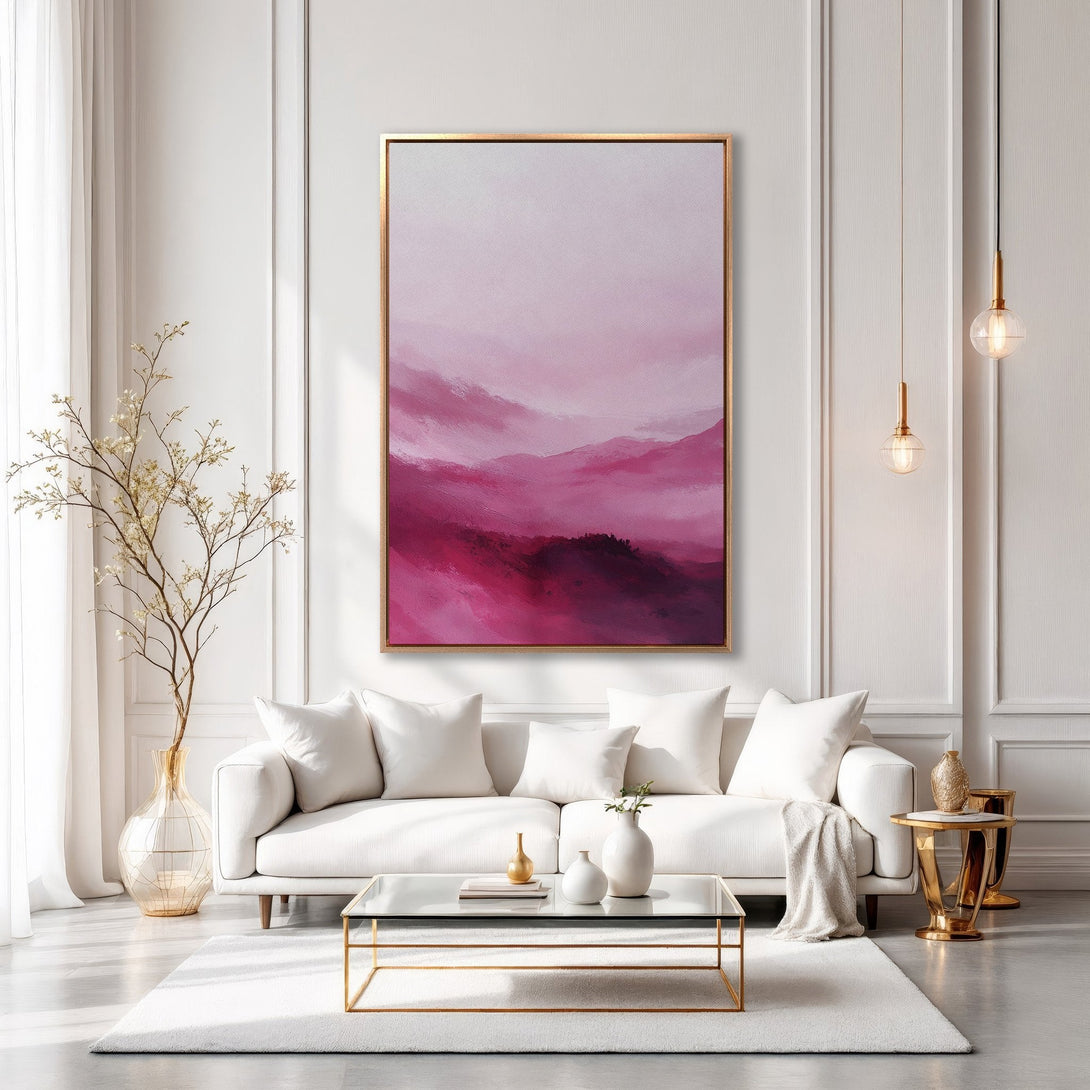 Framed Wall Art: Abstract pink landscape painting in a gold frame. Modern art for living room decor. Soft, romantic color palette.