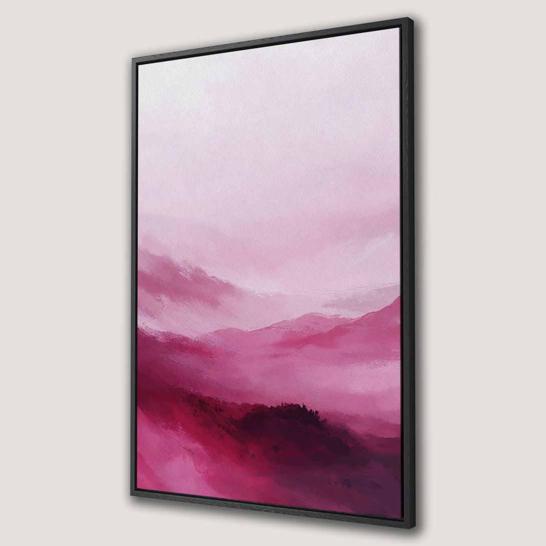 Framed Wall Art featuring an abstract landscape in shades of pink and magenta. Modern art style, perfect for adding a pop of color to your space.