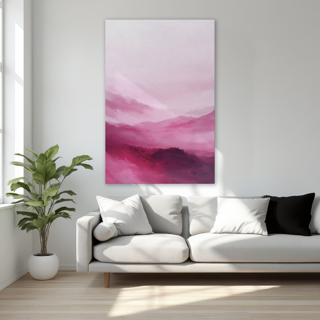 Framed Wall Art: Abstract pink landscape canvas print, perfect for bedroom decor. Modern art with a romantic, blush color palette. Shop now!