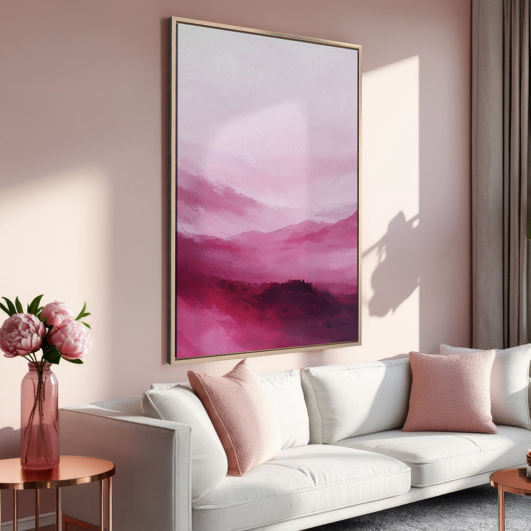 Framed Wall Art: Abstract landscape in pink hues. Modern art canvas print adds a touch of elegance to interior decor. Shop now for your perfect wall art!
