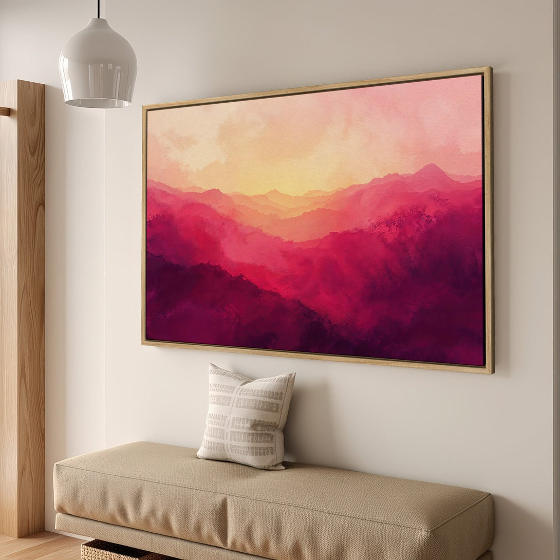 Framed Wall Art: Abstract mountain landscape in vibrant pink and purple hues. Modern art canvas print adds a pop of color and style to any interior.