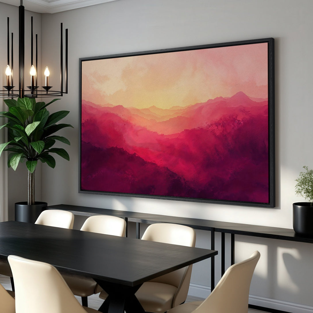 Framed Wall Art: Abstract mountain landscape Canvas Print in a warm, vibrant pink and red color palette. Modern art for a stylish interior.