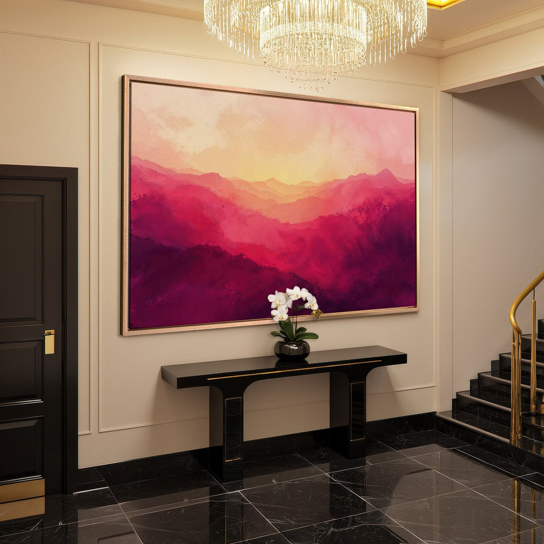 Framed Wall Art: Abstract landscape in warm pink and purple tones. Modern art for home decor. Adds elegance to any interior.
