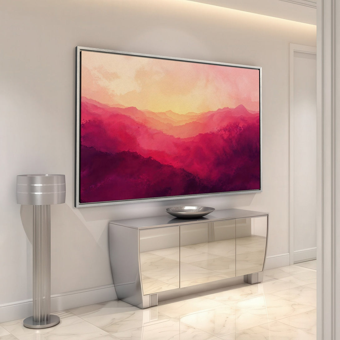 Framed Wall Art featuring a vibrant abstract landscape in shades of red, pink, and yellow. Modern art for your home.