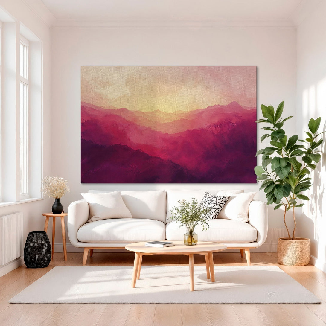Framed Wall Art: Abstract mountain landscape in vibrant pinks and reds. Modern art canvas print adds a pop of color to any interior.