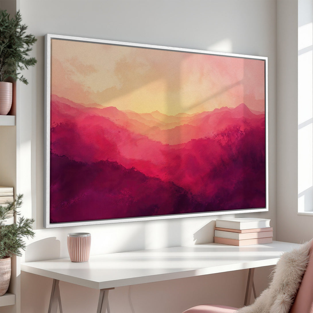 Framed Wall Art: Abstract mountain landscape Canvas Print in warm pink and red tones. Perfect for modern home decor.