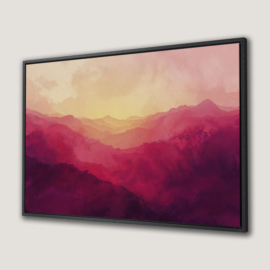 Framed Wall Art featuring a vibrant abstract mountain landscape in shades of red and purple, perfect for adding a pop of color to any room.