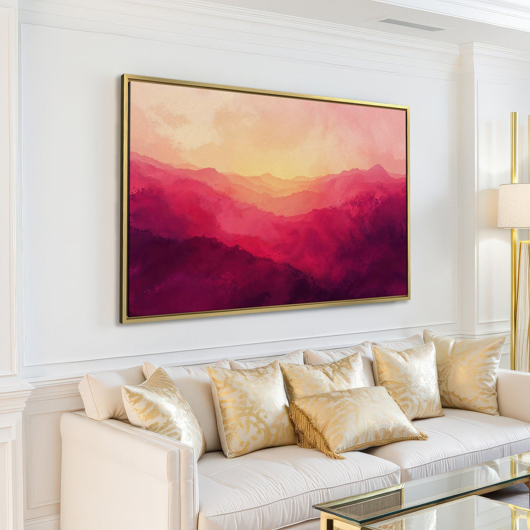 Canvas Print of abstract mountain landscape in warm pink and purple tones, perfect for modern home decor.