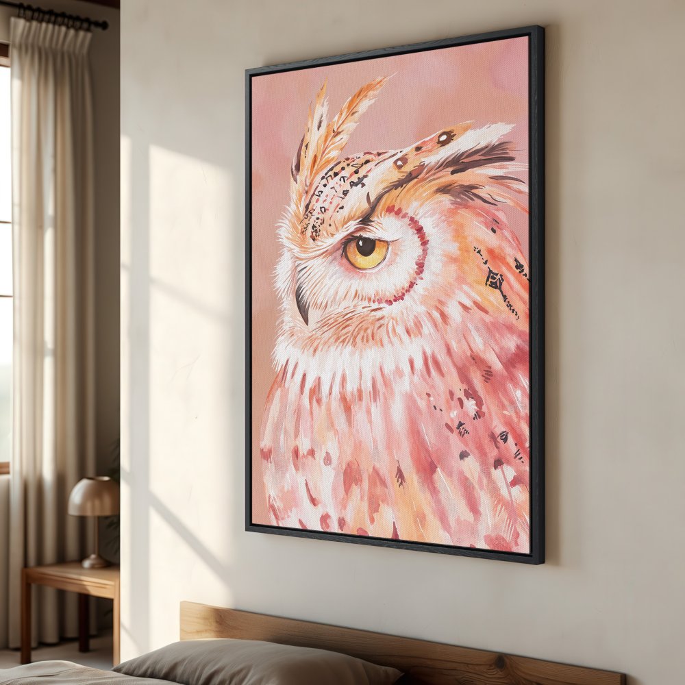Framed Wall Art: Watercolor owl portrait in warm peach and coral tones. Add a touch of nature and elegance to your space!