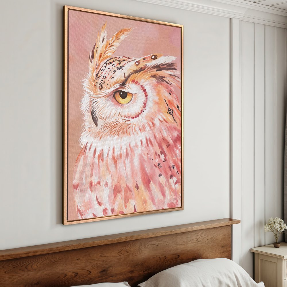 Framed Wall Art: Watercolor owl portrait in warm pink & peach tones. Add a touch of nature & elegance to your space with this beautiful Canvas Print.