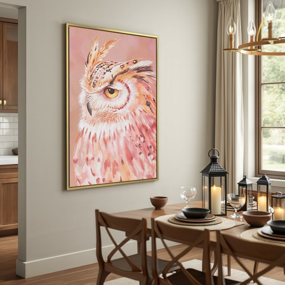 Canvas Print of an owl in warm, earthy tones. Add a touch of nature with this beautiful wall art!
