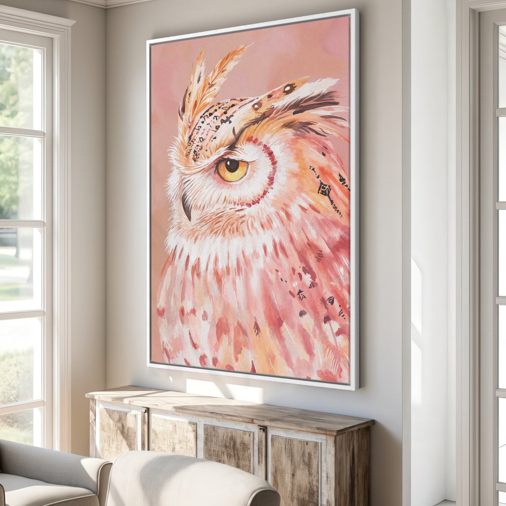 Framed Wall Art: Watercolor owl portrait in warm peach tones. Add a touch of nature and elegance to your space with this stunning Canvas Print!
