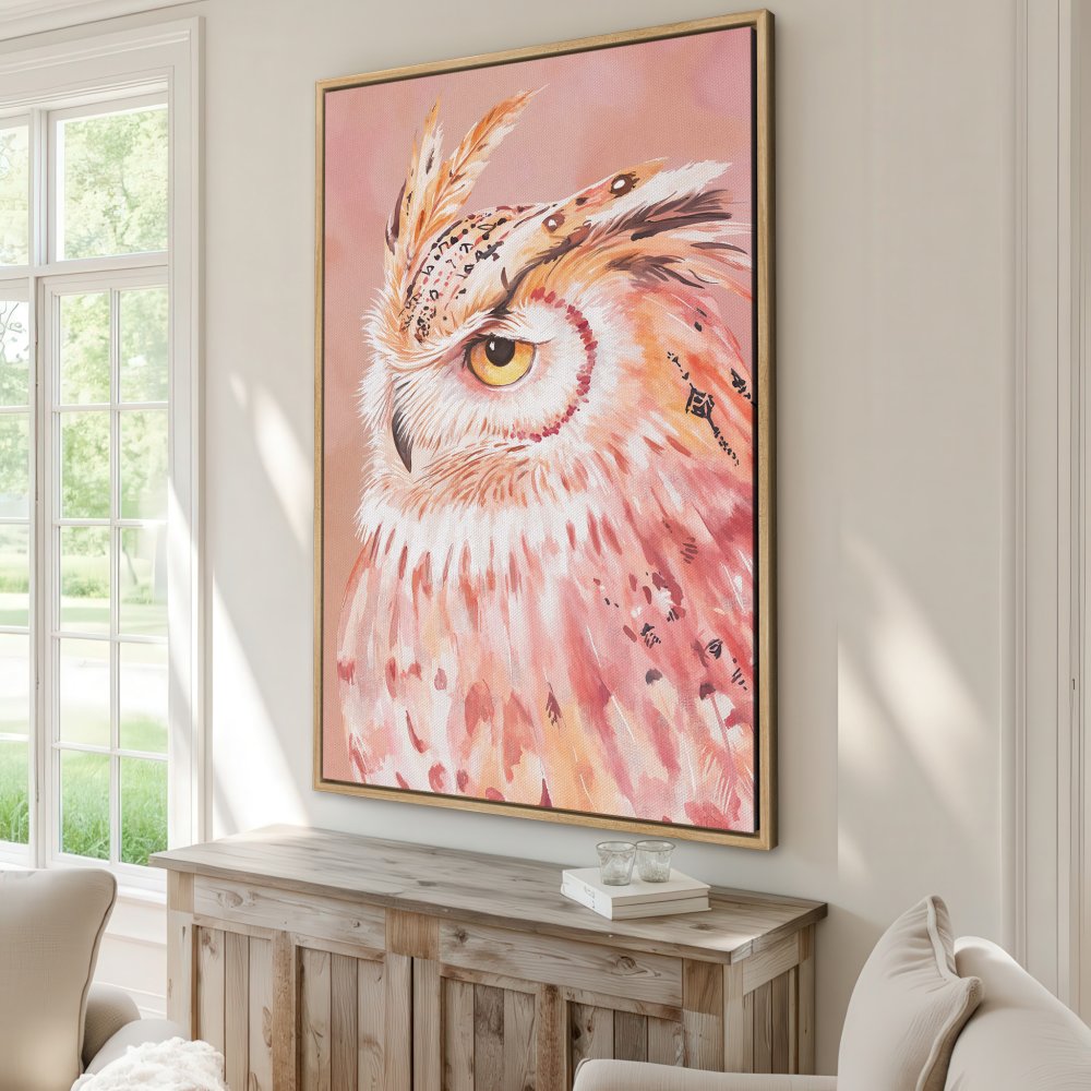 Framed Wall Art: Watercolor owl portrait in pink and peach tones. Add a touch of nature and elegance to your home decor.