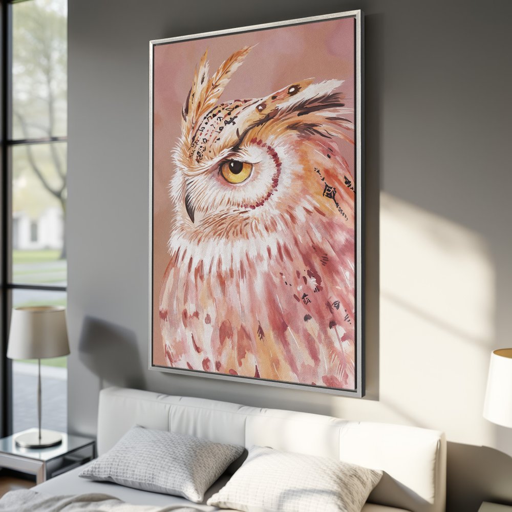 Framed Wall Art: Watercolor owl painting with warm, earthy tones. Perfect for adding a touch of nature and elegance to your bedroom decor.