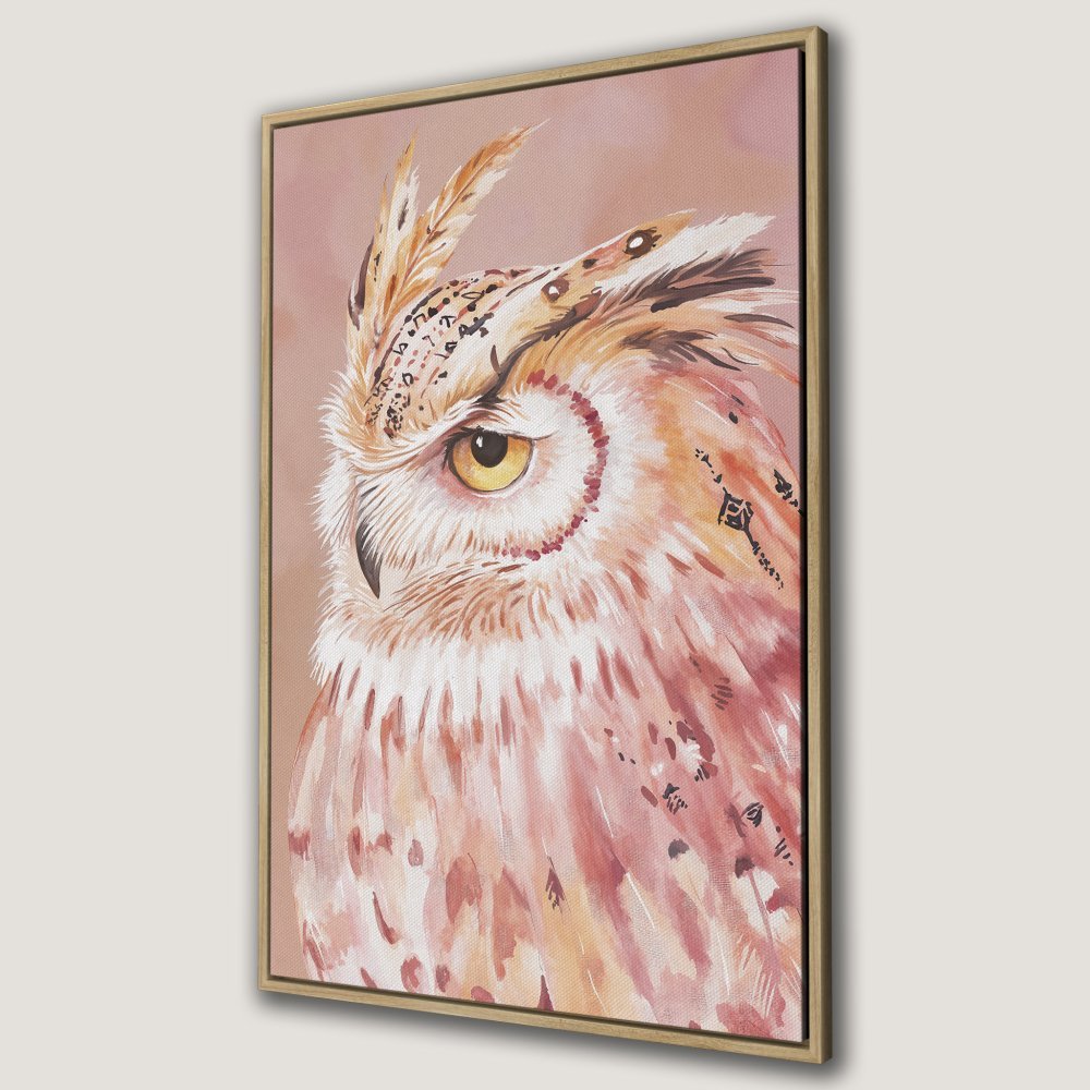 Framed Wall Art: Watercolor owl portrait in warm peach and gold tones. Add a touch of nature and elegance to your home decor with this Canvas Print.