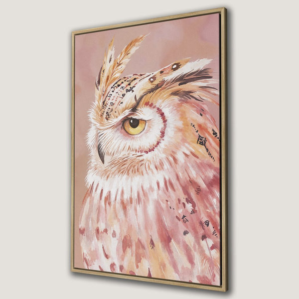 Framed Wall Art: Watercolor owl portrait in warm peach and gold tones. Add a touch of nature and elegance to your home decor with this Canvas Print.