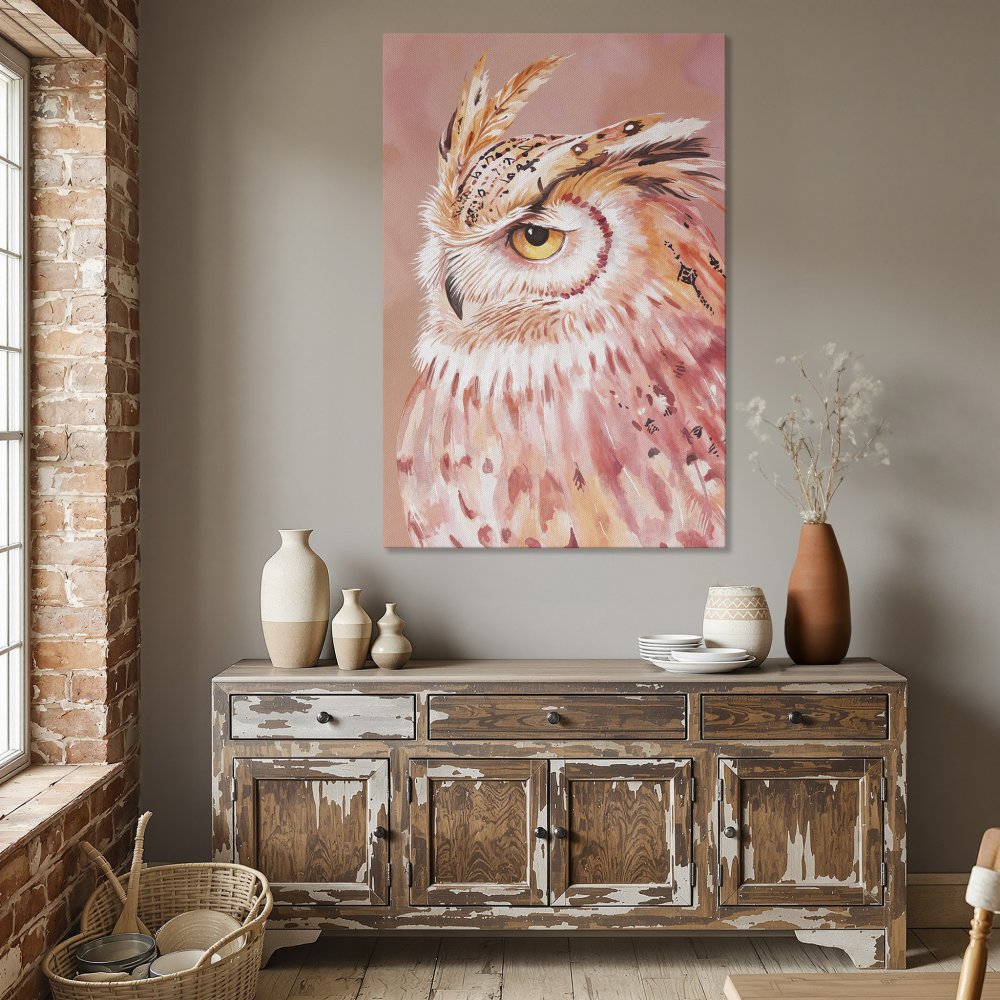 Framed Wall Art: Watercolor owl portrait in warm peach tones. Perfect for adding a touch of nature and style to your dining room. Shop now!
