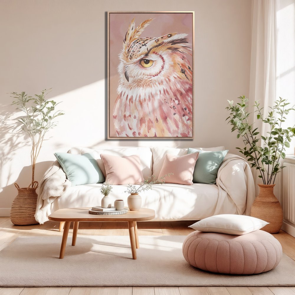 Framed Wall Art: Watercolor owl print in a blush and neutral color palette. Perfect for adding a touch of nature to your home decor.