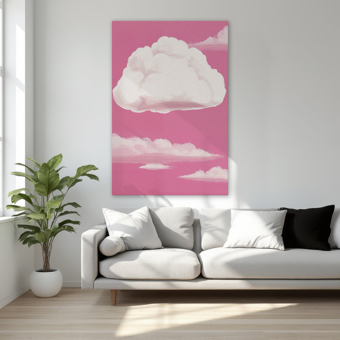 Framed Wall Art featuring a dreamy cloudscape in pink and white. Modern art style, perfect for adding a pop of color to your bedroom decor.