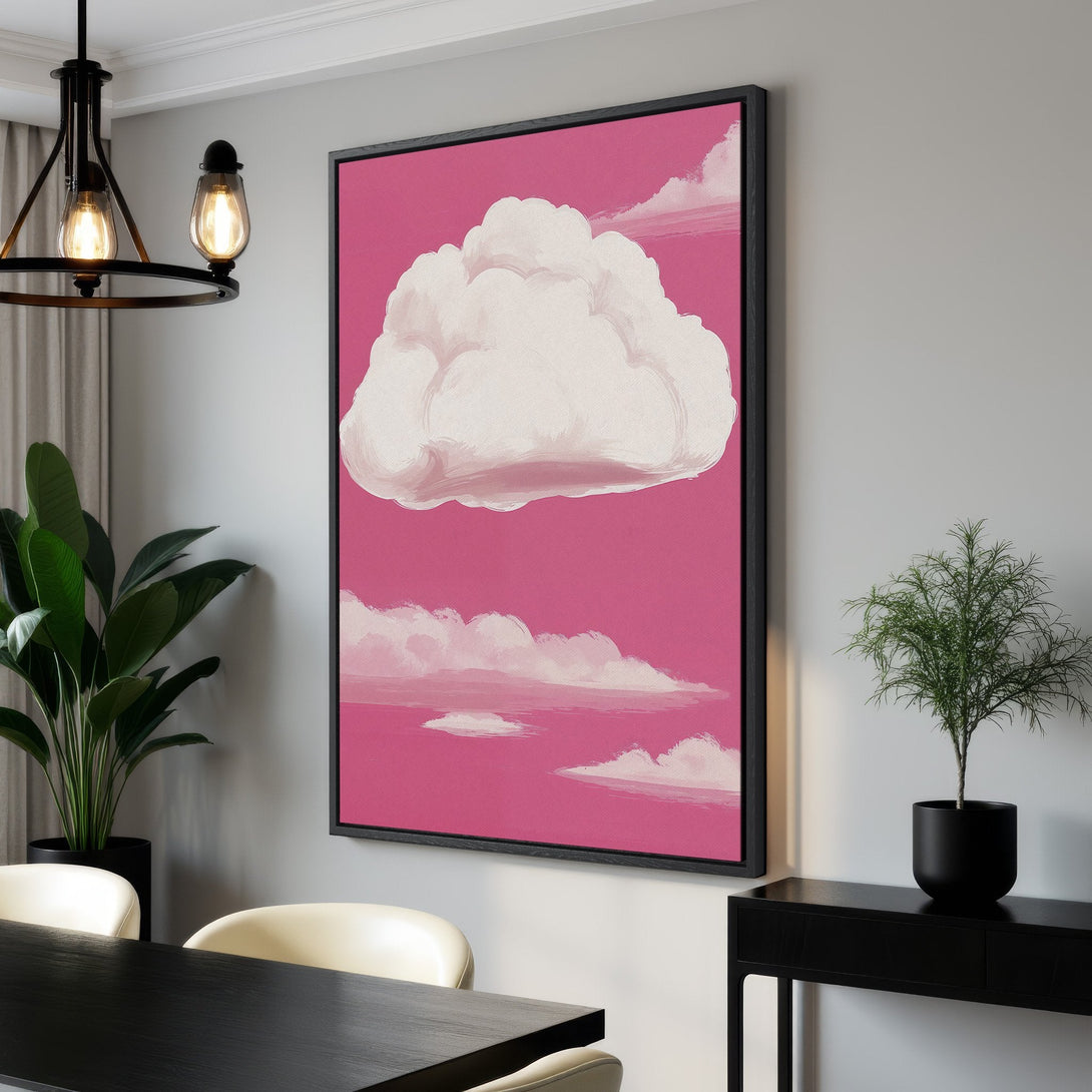 Framed Wall Art: Whimsical cloud painting in pink and white. Modern art for your home. Elevate your space with this stylish canvas print.