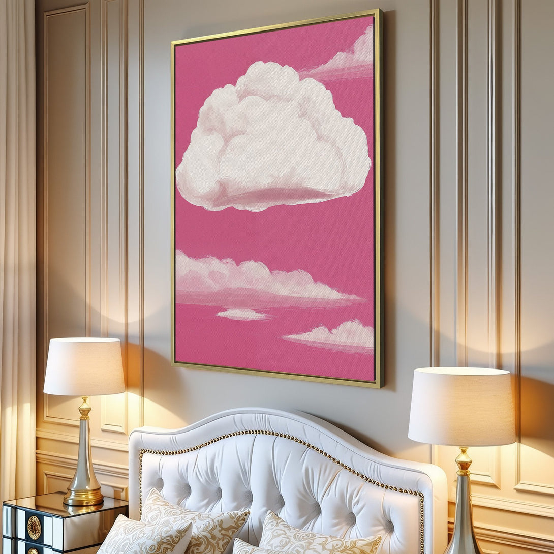 Canvas Print featuring a dreamy cloudscape in pink and white. Modern art for a pop of color!