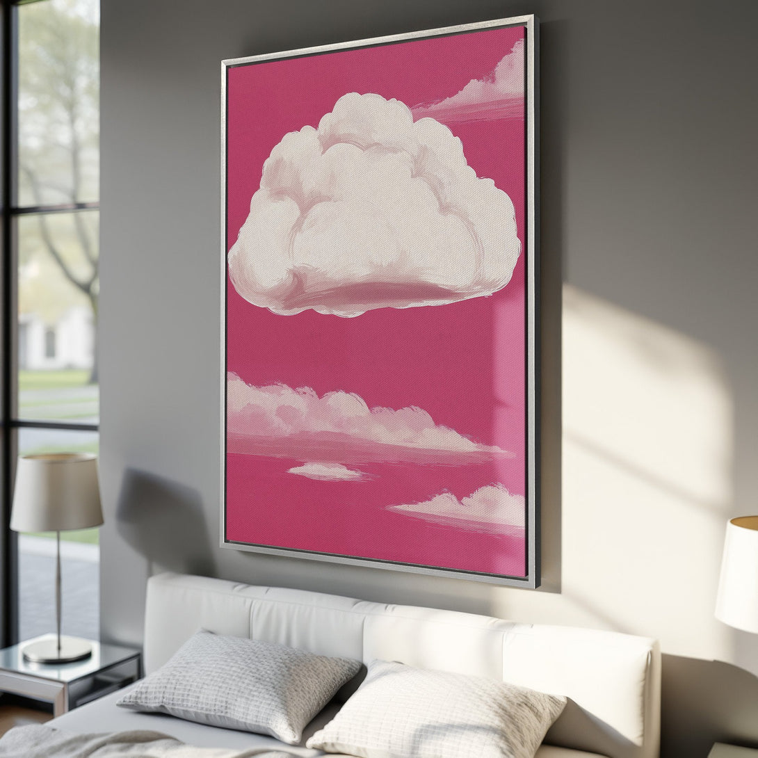 Framed Wall Art: Whimsical cloud painting in pink and white. Modern canvas art for bedroom decor. Add a pop of color to your space!