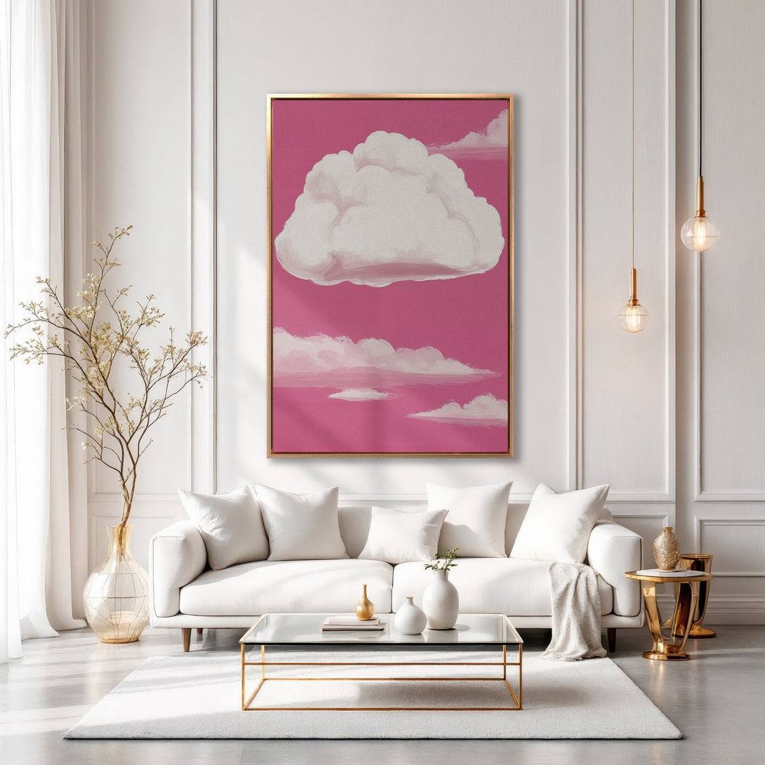 Framed Wall Art: Cloud painting in pink and white, modern style. Adds a pop of color to any interior. Shop now for unique wall decor!