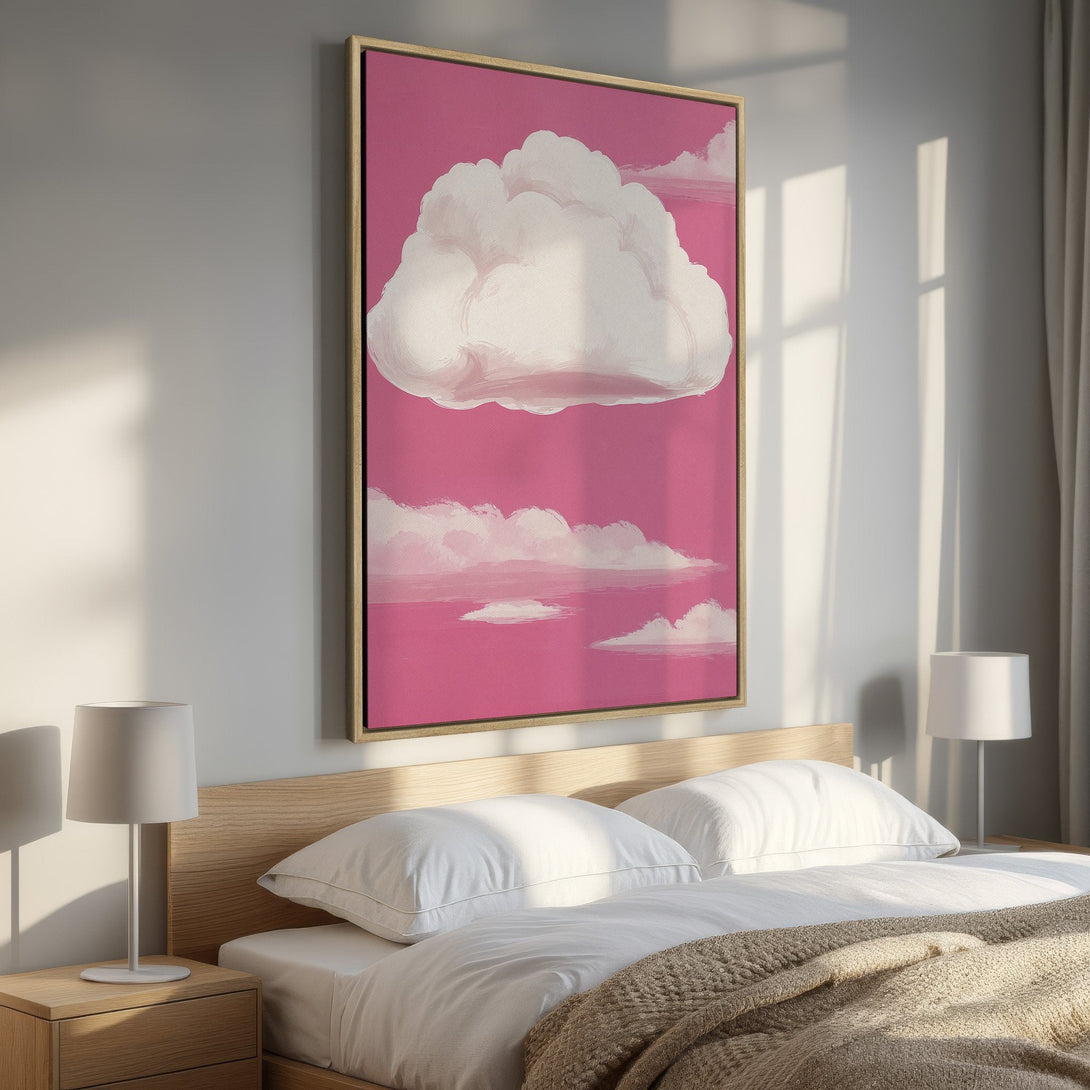 Framed Wall Art: Cloudscape painting in pink and white, modern style. Adds a pop of color to any room. Perfect for bedroom decor.