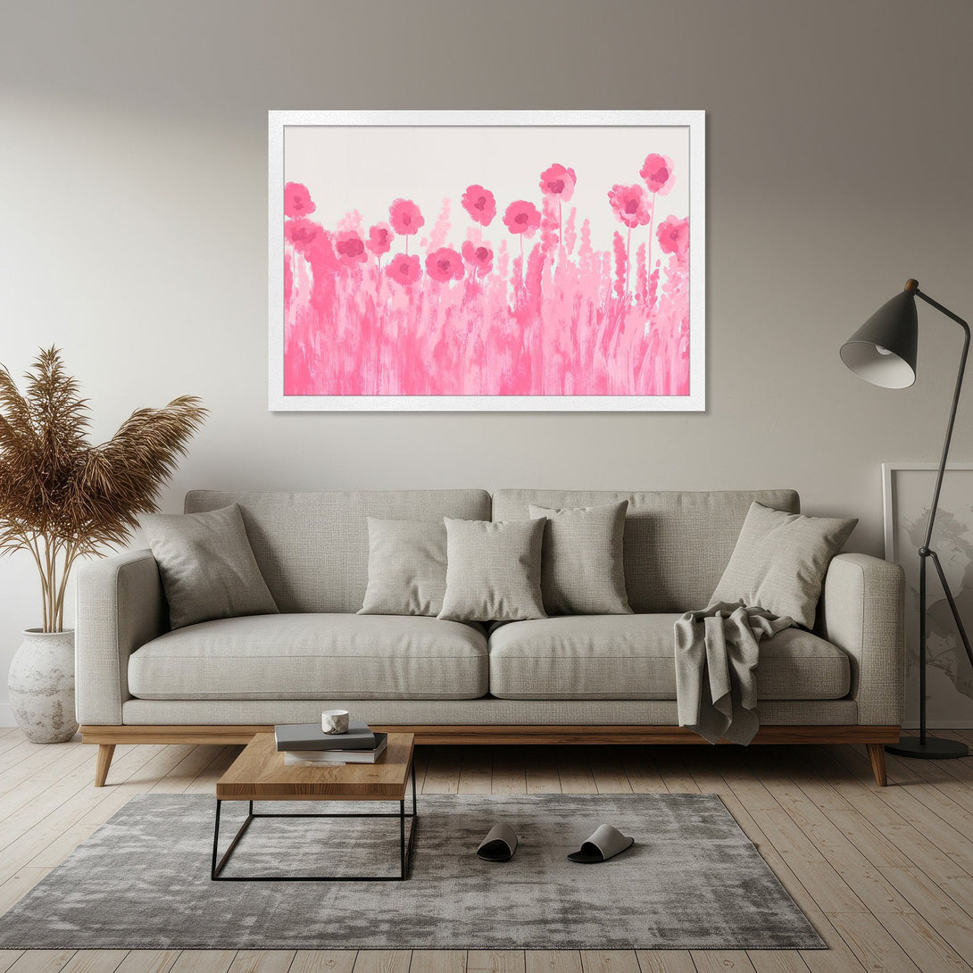 Framed Poster featuring pink abstract floral art. Modern style, soft pink and white color palette, perfect for home decor.