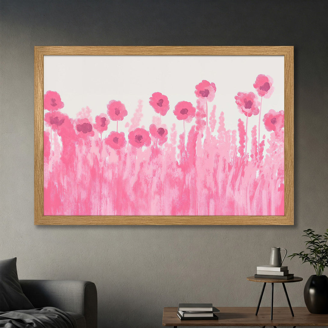 Framed Poster featuring vibrant pink floral art, a modern style with a bright, cheerful color palette. Perfect home decor.