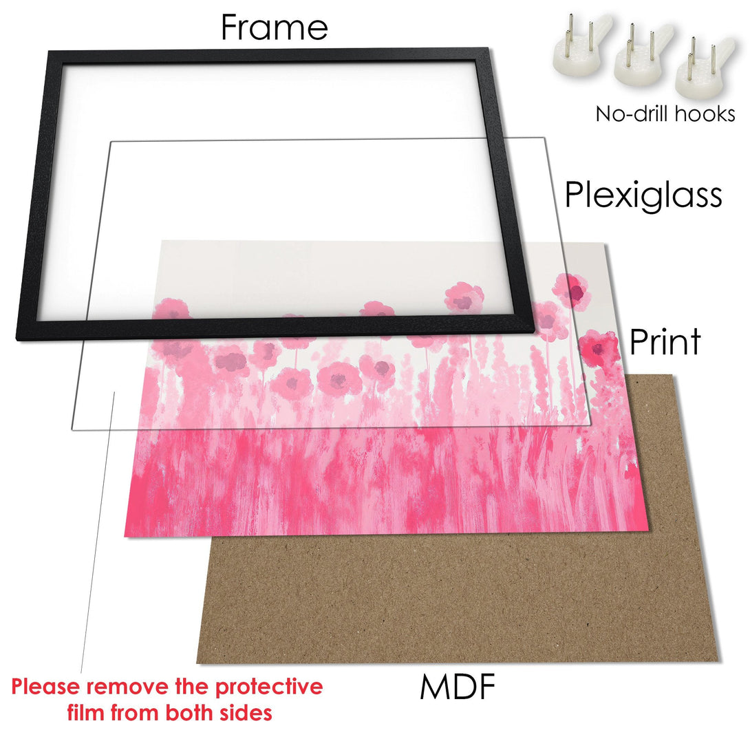 Framed Poster featuring pink floral art. Modern style, vibrant pink color palette. Ready to hang wall art for your home.