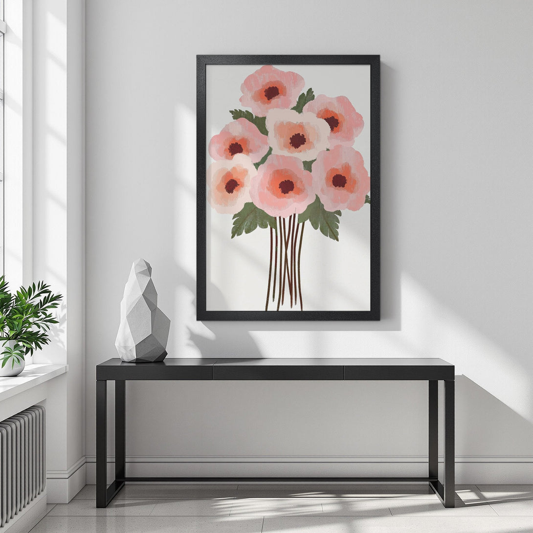 Framed Poster featuring a floral bouquet in soft pinks and greens, perfect for adding a touch of elegance to any space.