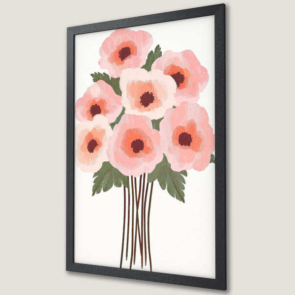 Framed Poster featuring a floral bouquet in a soft, painterly style with a pink and green color palette. Perfect wall art!