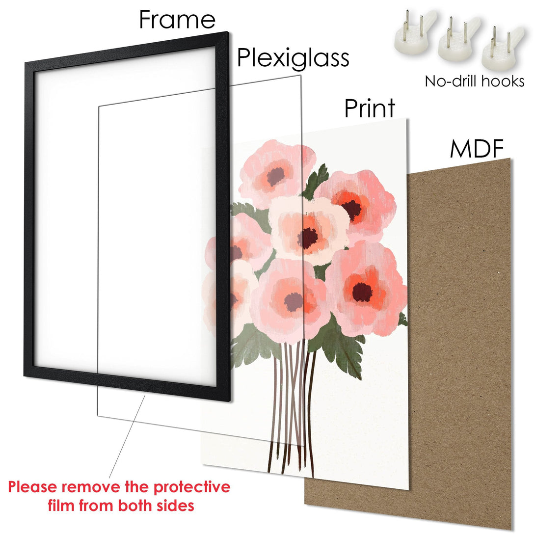 Framed Poster featuring a floral bouquet in soft pinks and greens. Elegant art for your home!