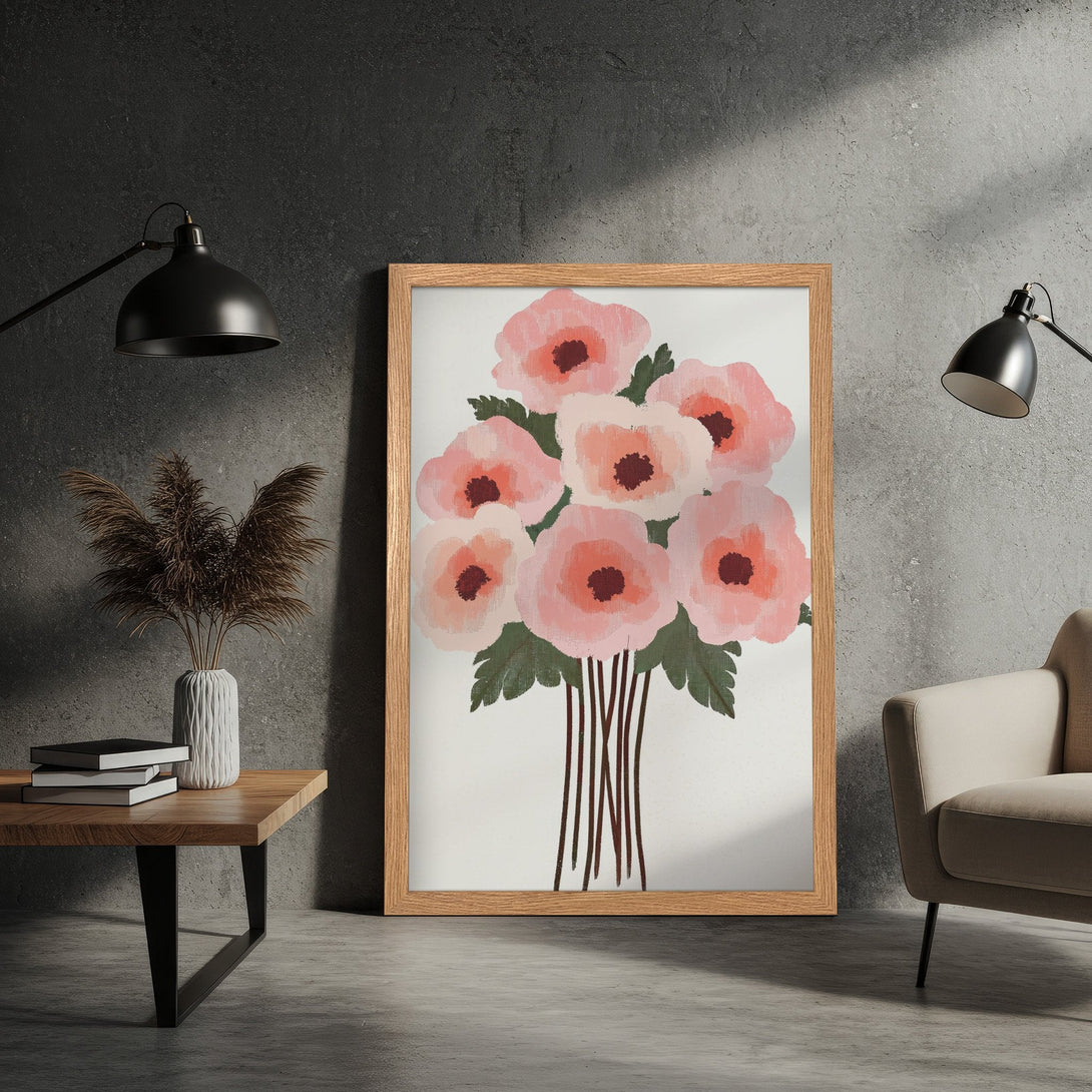 Framed Poster featuring a floral bouquet in a soft, painterly style with a pink and green color palette. Perfect wall art!