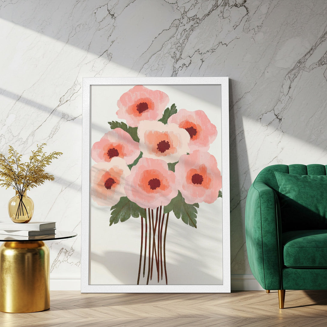 Framed Poster featuring a floral bouquet in soft pink and peach tones. Perfect art for a modern, stylish home.