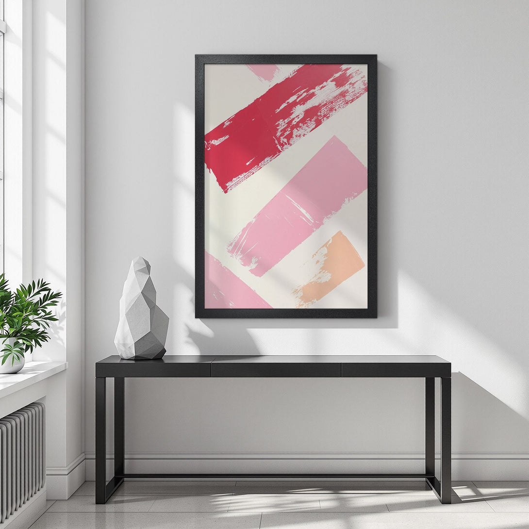 Framed Poster with abstract brushstroke art in pink and red tones. Modern wall decor for a stylish interior.