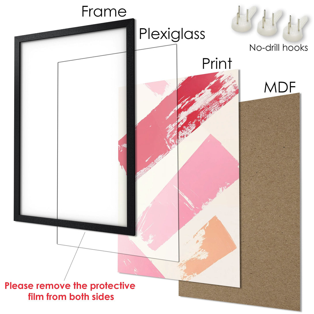 Framed Poster with abstract art in pink and red hues. Modern wall decor for your home.