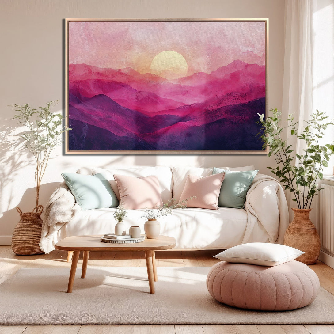 Framed Wall Art: Abstract mountain landscape canvas print in pink and purple hues. Modern art for living room decor.
