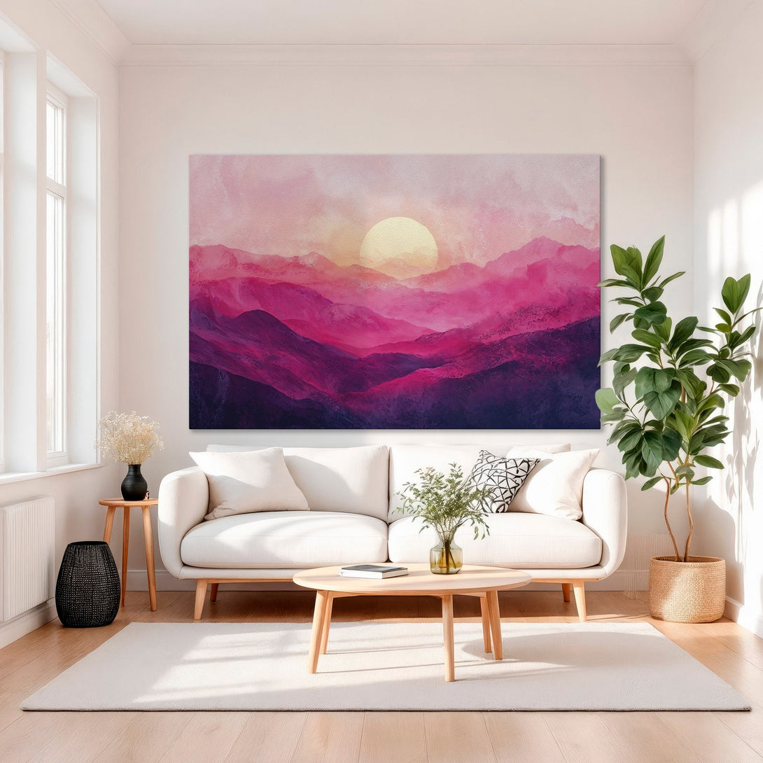 Framed Wall Art: Abstract mountain landscape in pink and purple hues. Modern Canvas Print for living room decor.