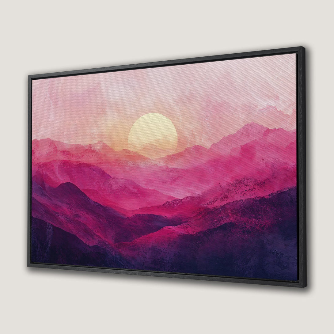 Framed Wall Art: Abstract mountain landscape Canvas Print in pink and purple hues. Modern artwork perfect for adding a touch of serenity to your home decor.