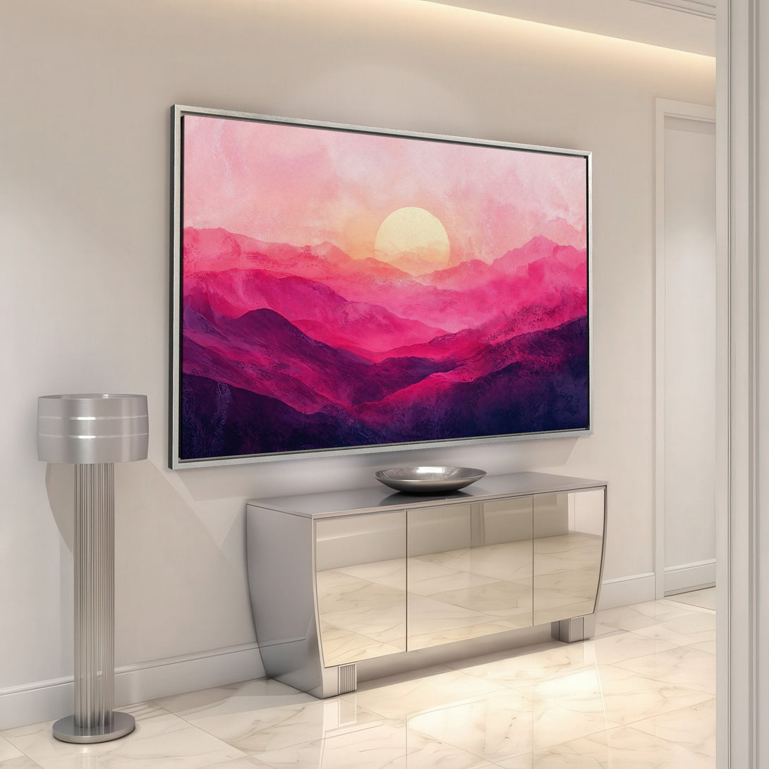 Framed Wall Art: Abstract landscape Canvas Print in pink and purple hues, perfect for modern interior decor. Adds a touch of elegance to any space.