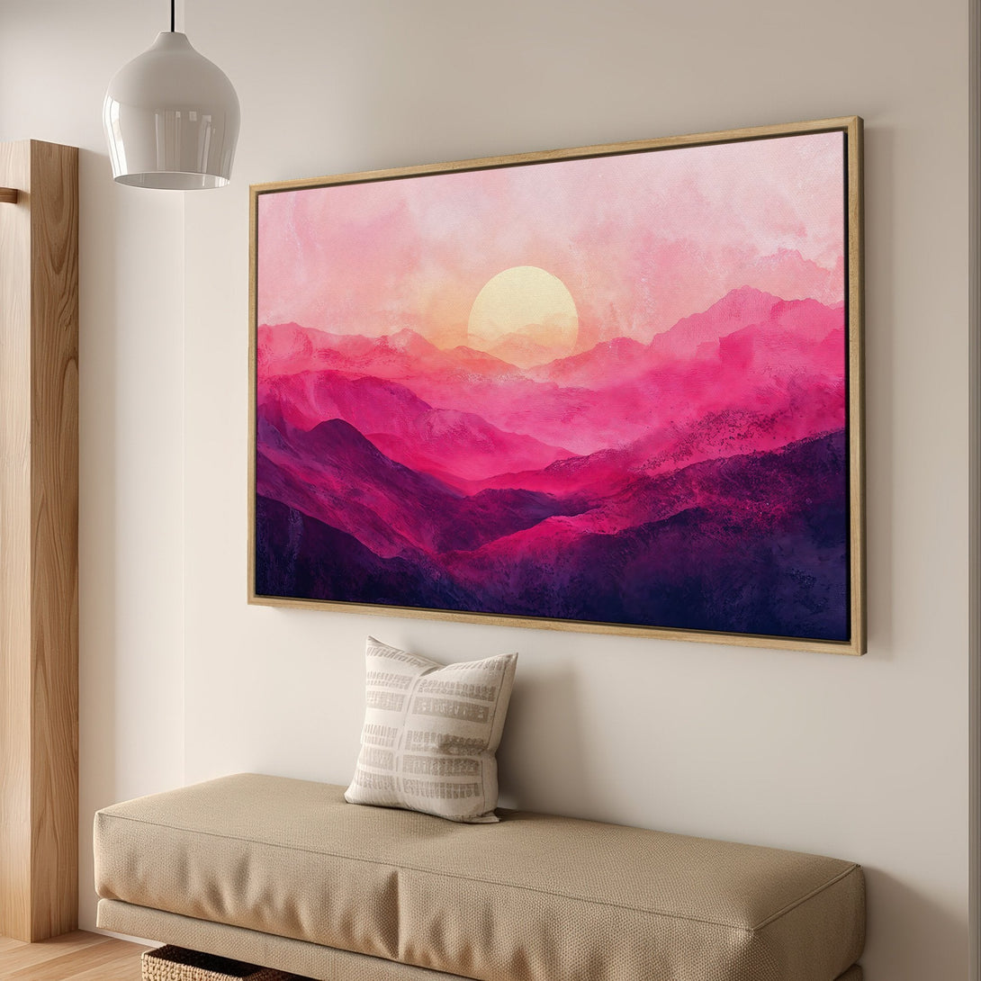 Framed Wall Art: Pink mountain landscape canvas print. Modern abstract art with a vibrant pink and purple color palette, perfect for home decor.