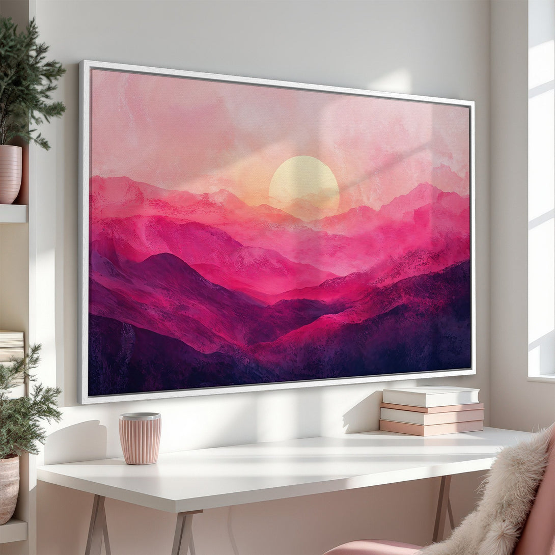 Framed Wall Art featuring a vibrant pink and purple mountain landscape with a warm sunset. Modern art for a stylish interior.