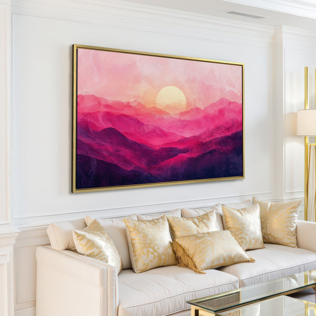 Canvas Print of a vibrant pink and purple mountain landscape, perfect for adding a pop of color to your living room.
