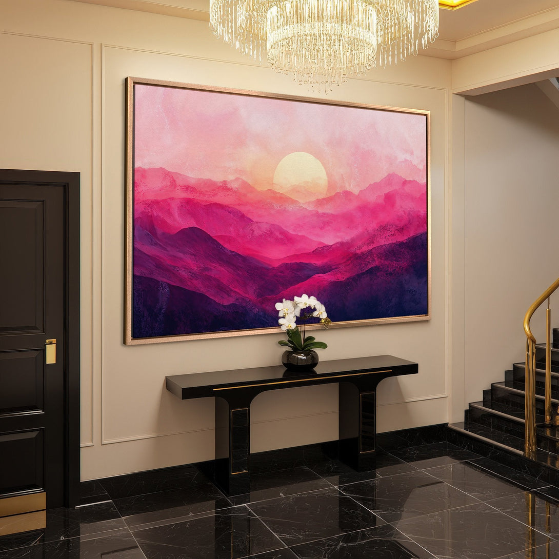 Framed Wall Art featuring a vibrant pink and purple mountain landscape. Modern abstract art in a luxury interior setting. Add a pop of color to your space!