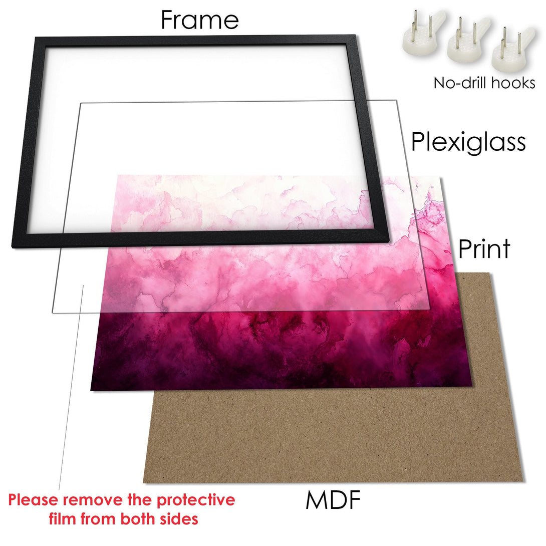 Framed Poster featuring an abstract pink watercolor design. Modern art print with a vibrant color palette. Includes frame and hanging hardware.