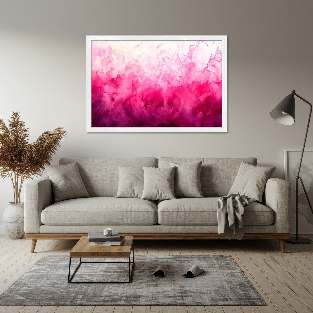 Framed Poster featuring vibrant abstract art in shades of pink and magenta. Modern style, perfect for home decor.